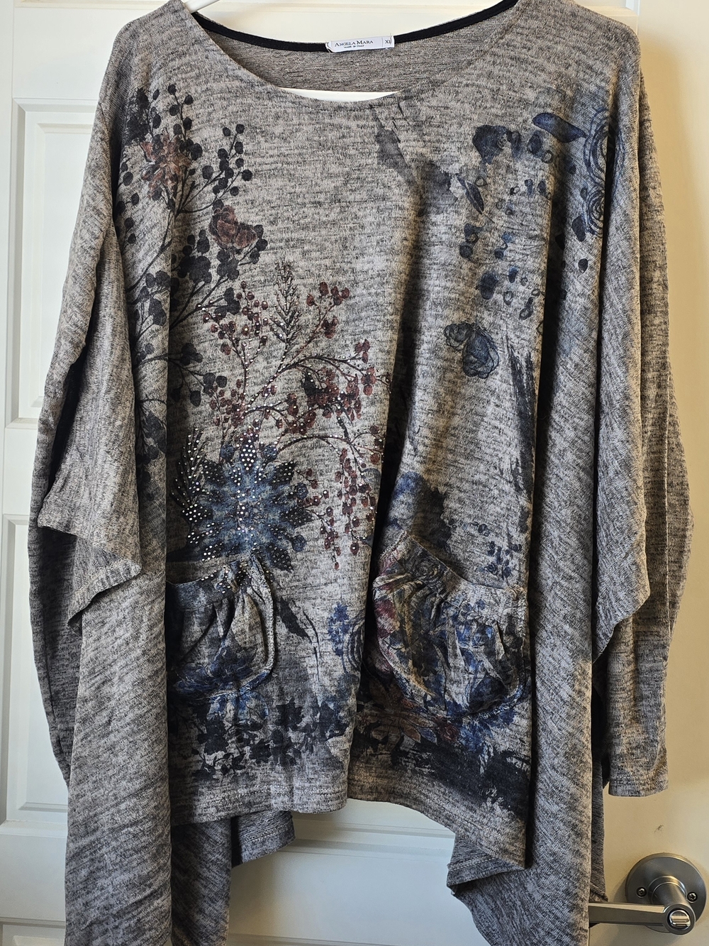 Angela Mara Italy Floral Lagenlook Poncho Tunic Top Grey - XL